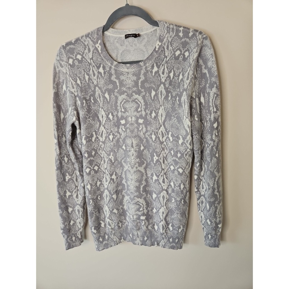 J Mclaughlin Sweater Women M Gray 100% Cashmere Snake Animal Print Chic Luxe